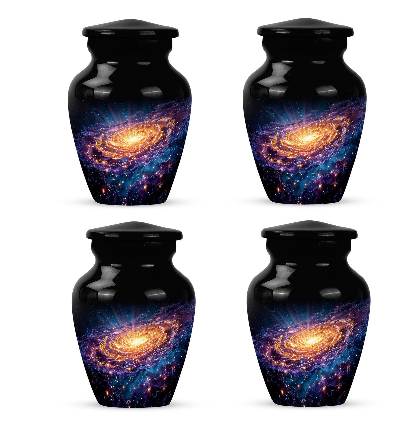 Glossy Black Galaxy Cremation Urn side profile showing urn shape - timeless galaxy motif etched into premium metal - 10 inch aluminum urn for cremated remains
