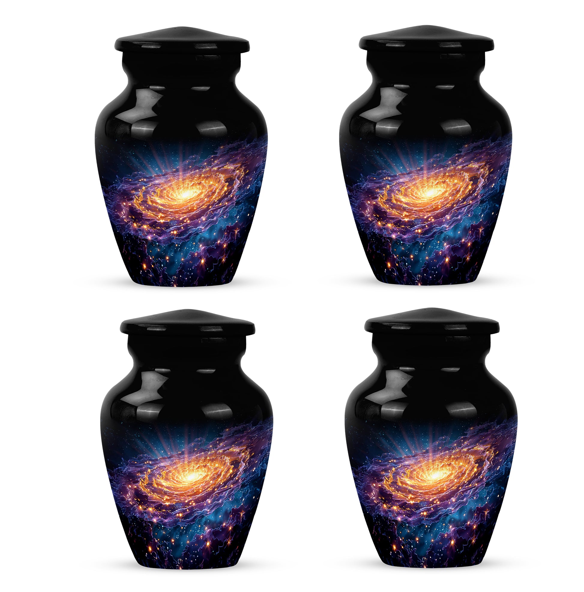 Glossy Black Galaxy Cremation Urn side profile showing urn shape - timeless galaxy motif etched into premium metal - 10 inch aluminum urn for cremated remains