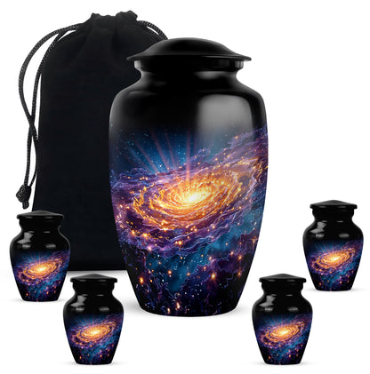 Charcoal Black Galaxy Cremation Urn top-down view of secure threaded lid - elegant classic galaxy relief with fine detailing - memorial set with one large and four small urns