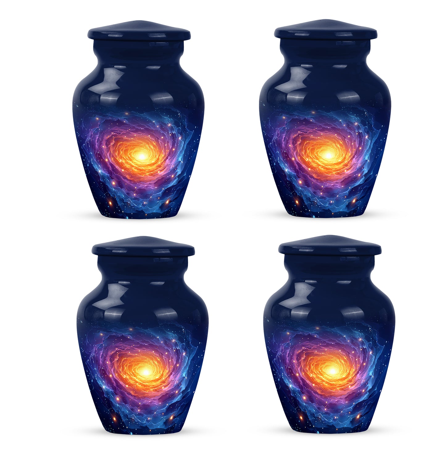 Calming Blue Galaxy Cremation Urn side profile showing urn shape - elegant classic galaxy relief with fine detailing - 10 inch aluminum urn for cremated remains