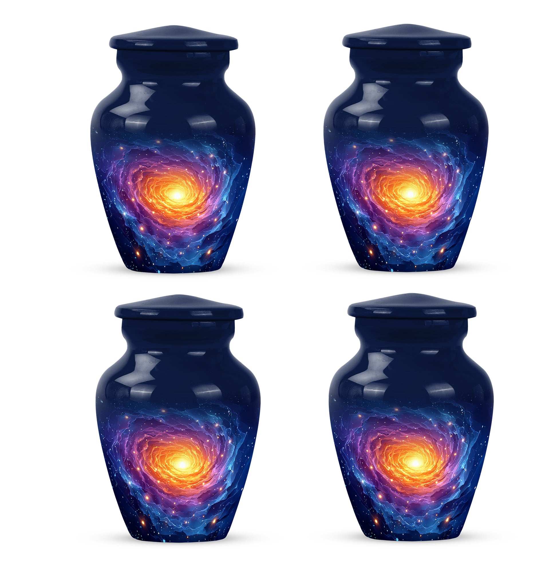 Calming Blue Galaxy Cremation Urn side profile showing urn shape - elegant classic galaxy relief with fine detailing - 10 inch aluminum urn for cremated remains