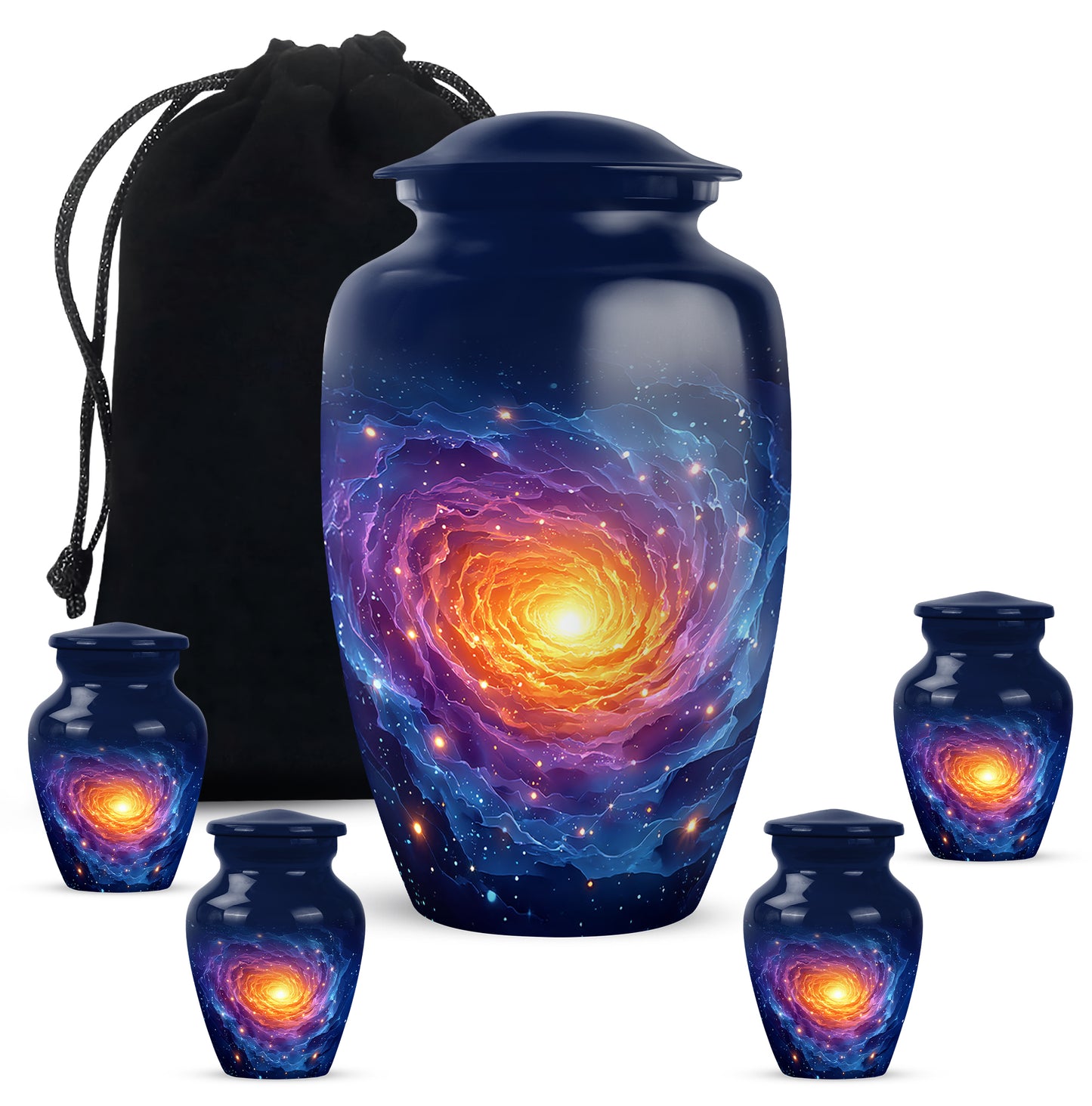 Cobalt Blue Galaxy Cremation Urn top-down view of secure threaded lid - elegant classic galaxy relief with fine detailing - memorial set with one large and four small urns