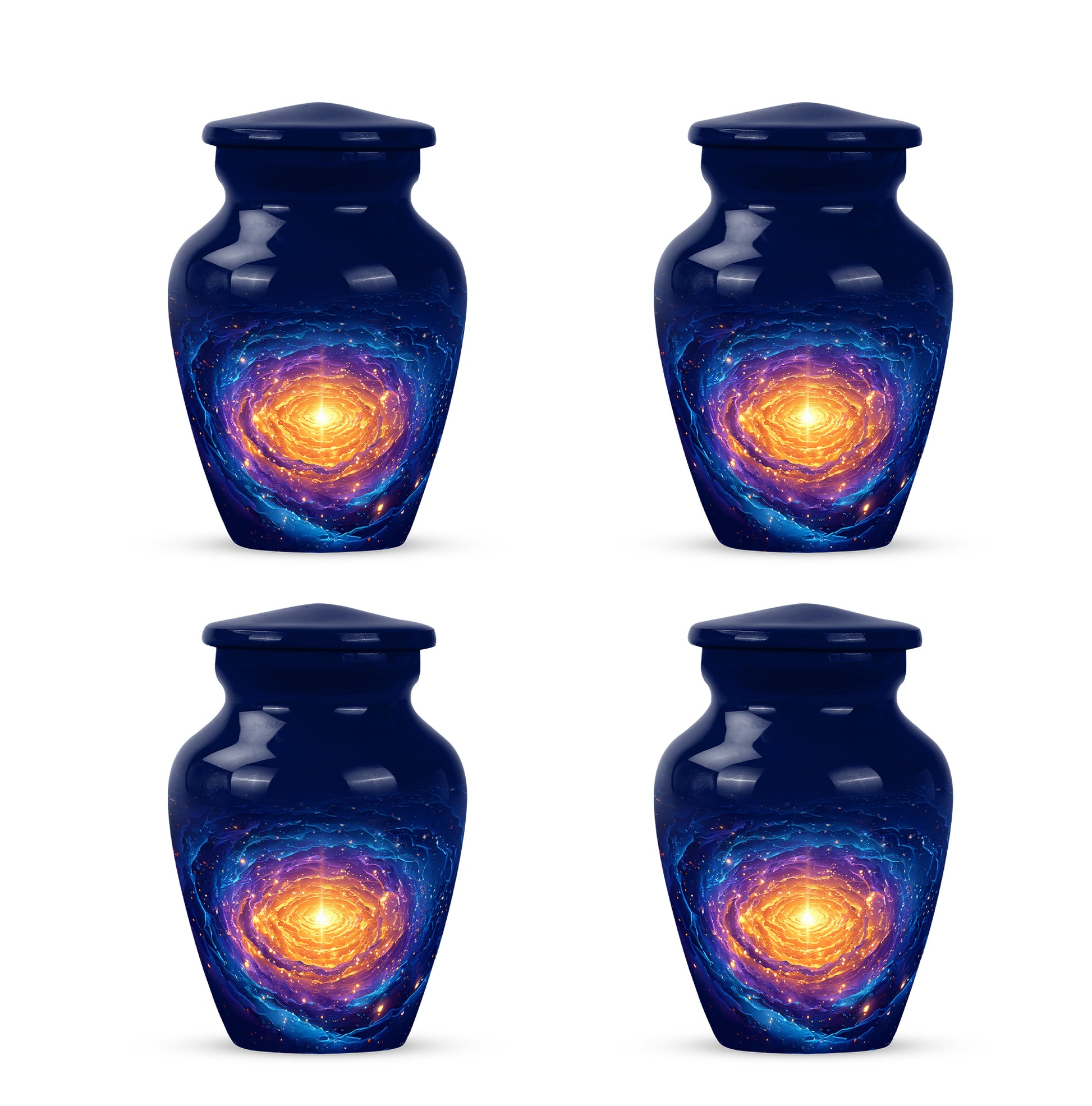 Cornflower Blue Galaxy Cremation Urn side profile showing urn shape - elegant classic galaxy relief with fine detailing - 10 inch aluminum urn for cremated remains