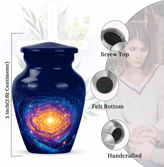 Serene Blue Galaxy Cremation Urn close-up of engraving and surface detail - traditional galaxy engraving with hand-polished finish - mini keepsake memorial for portion of cremation ashes