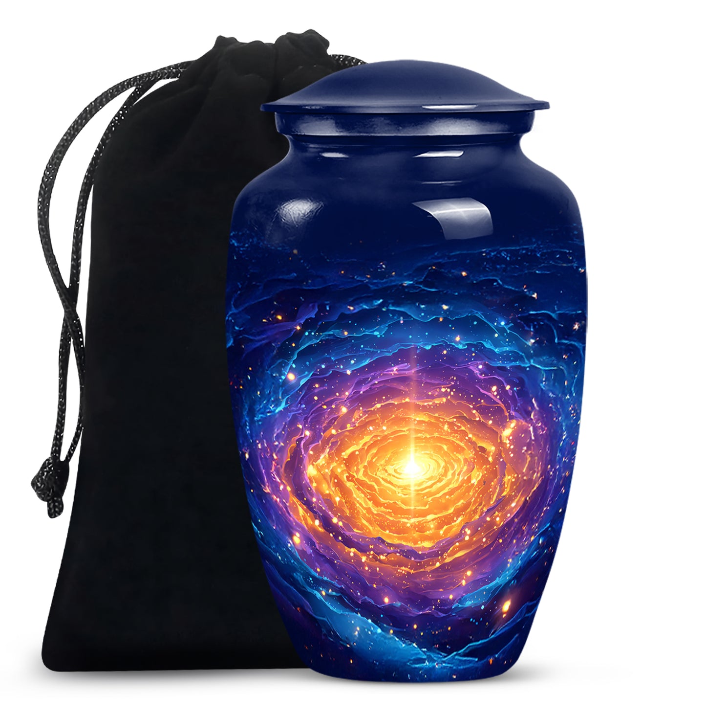 Navy Blue Galaxy Cremation Urn angled view of lid and engraved motif - timeless galaxy motif etched into premium metal - full-size 10 inch 200 cubic inch adult cremation urn