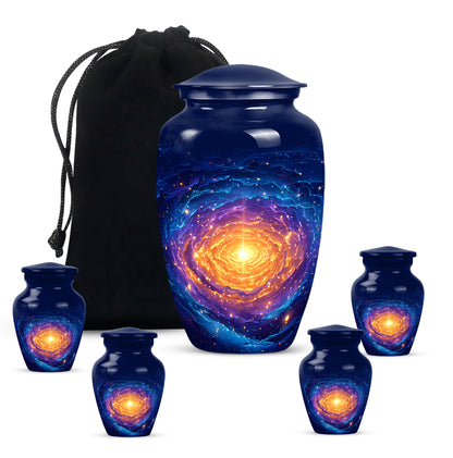Sky Blue Galaxy Cremation Urn top-down view of secure threaded lid - timeless galaxy motif etched into premium metal - memorial set with one large and four small urns