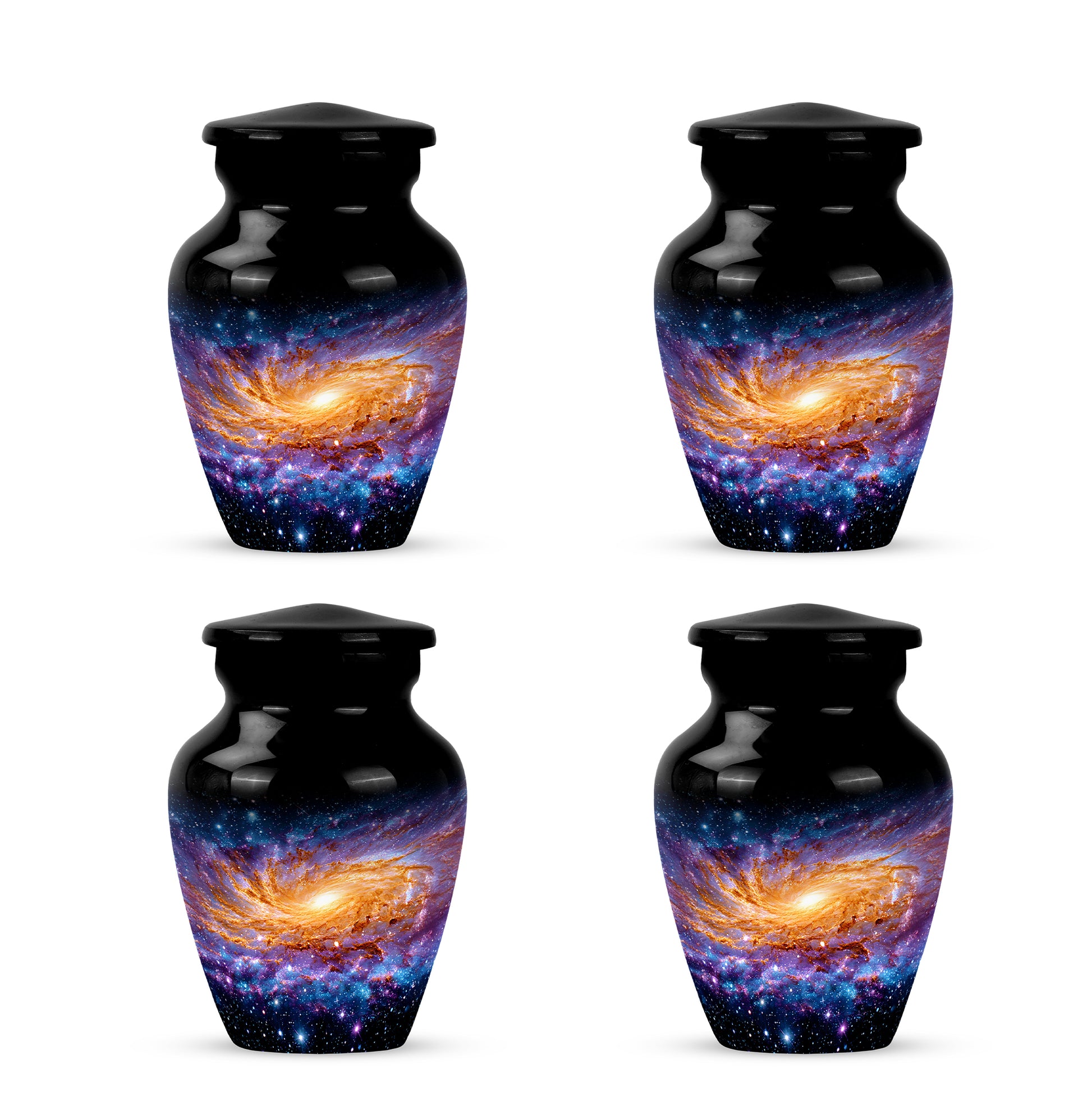 Obsidian Black Galaxy Cremation Urn side profile showing urn shape - elegant classic galaxy relief with fine detailing - 10 inch aluminum urn for cremated remains