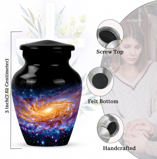 Obsidian Black Galaxy Cremation Urn close-up of engraving and surface detail - elegant classic galaxy relief with fine detailing - mini keepsake memorial for portion of cremation ashes