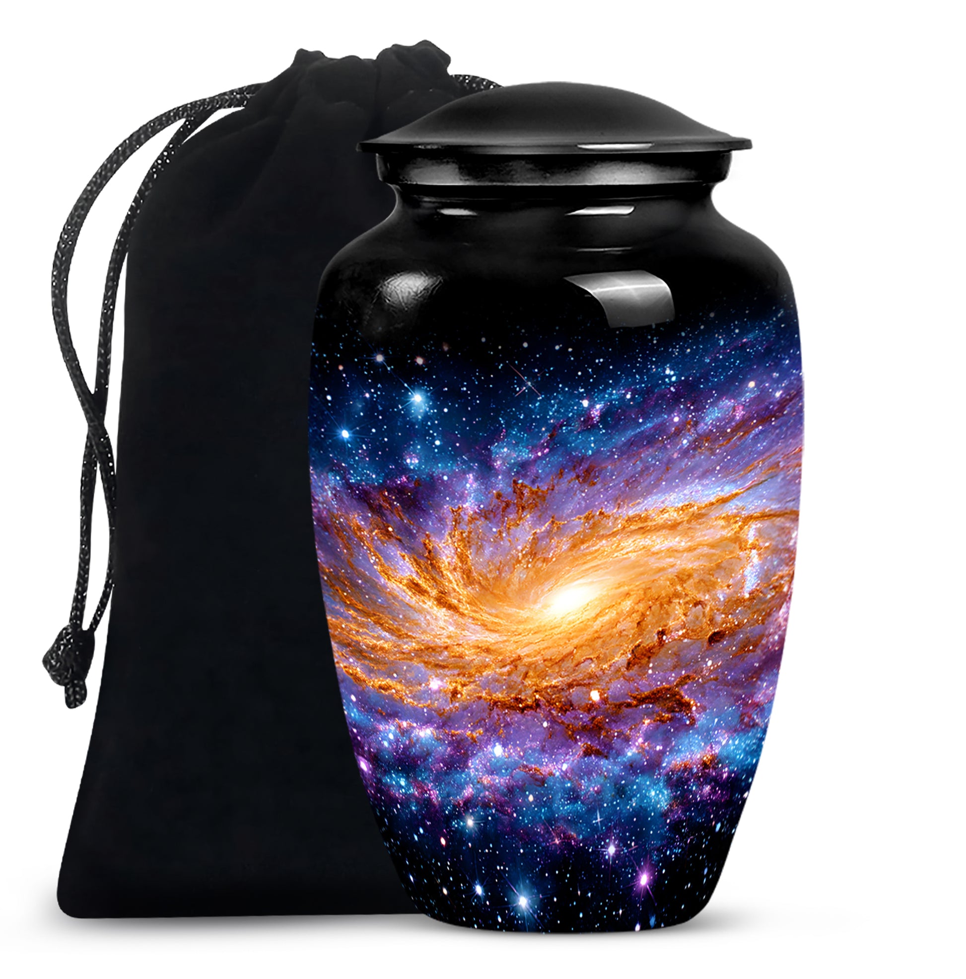 Onyx Black Galaxy Cremation Urn angled view of lid and engraved motif - elegant classic galaxy relief with fine detailing - full-size 10 inch 200 cubic inch adult cremation urn