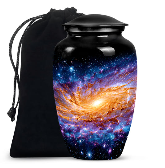 Onyx Black Galaxy Cremation Urn angled view of lid and engraved motif - elegant classic galaxy relief with fine detailing - full-size 10 inch 200 cubic inch adult cremation urn