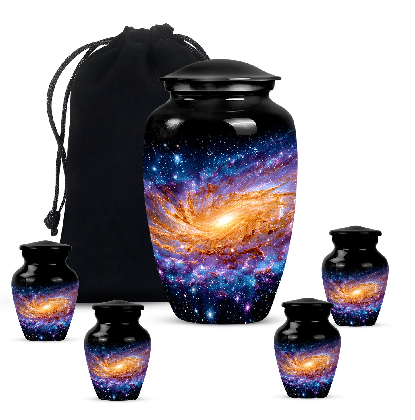 Ebony Galaxy Cremation Urn top-down view of secure threaded lid - timeless galaxy motif etched into premium metal - memorial set with one large and four small urns