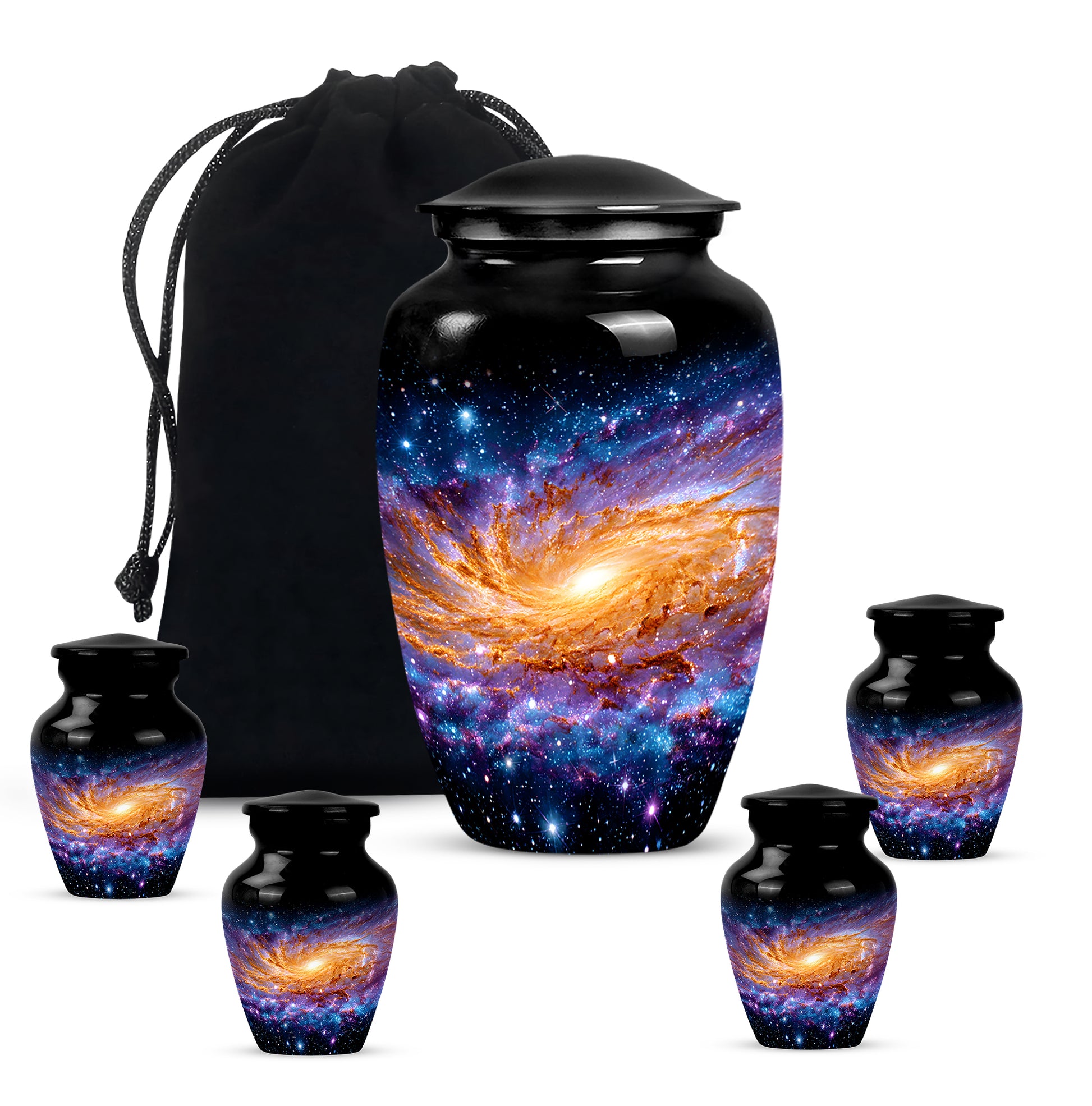Ebony Galaxy Cremation Urn top-down view of secure threaded lid - timeless galaxy motif etched into premium metal - memorial set with one large and four small urns