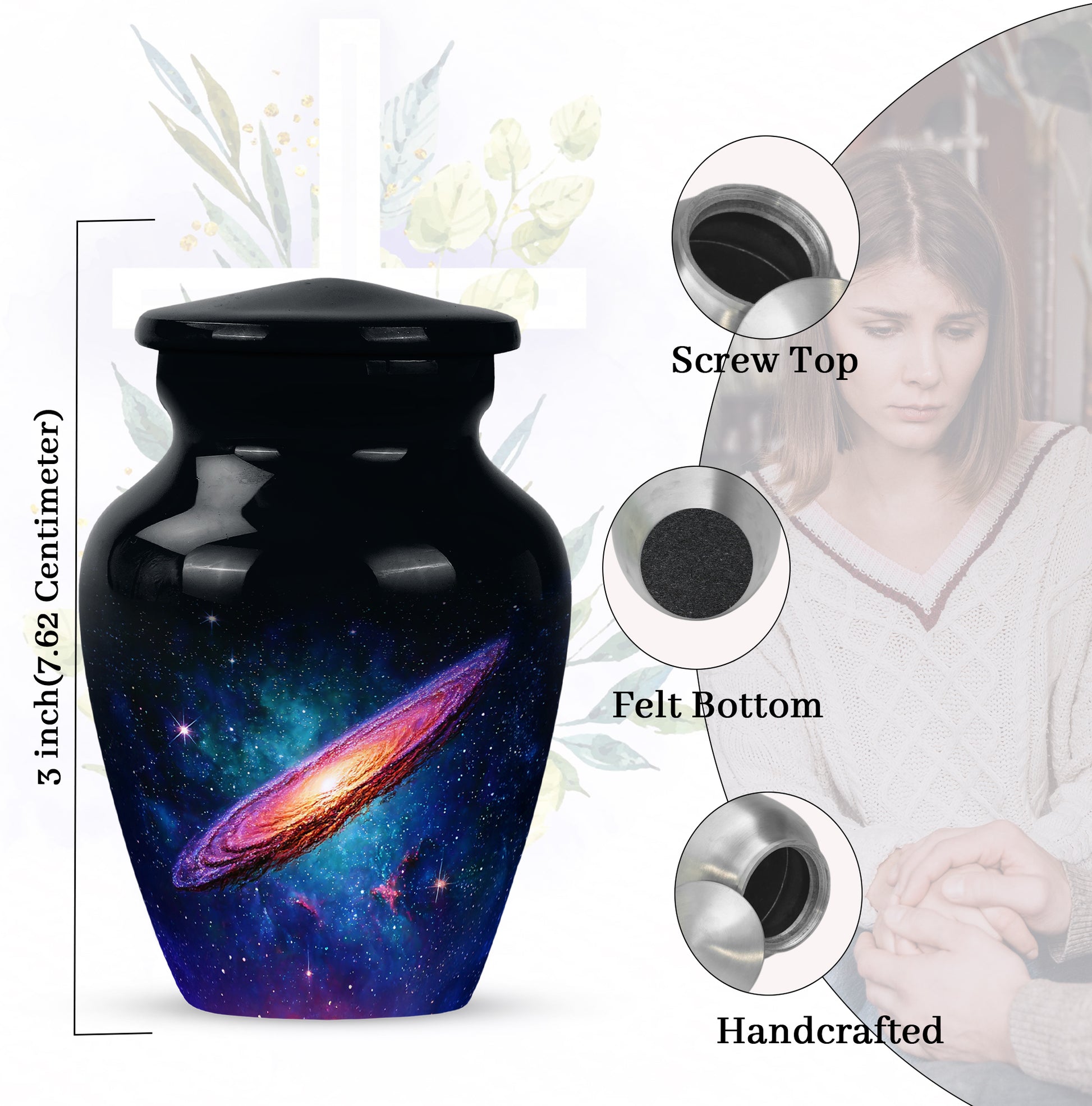 Glossy Black Galaxy Cremation Urn close-up of engraving and surface detail - timeless galaxy motif etched into premium metal - mini keepsake memorial for portion of cremation ashes