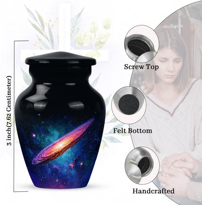 Glossy Black Galaxy Cremation Urn close-up of engraving and surface detail - timeless galaxy motif etched into premium metal - mini keepsake memorial for portion of cremation ashes