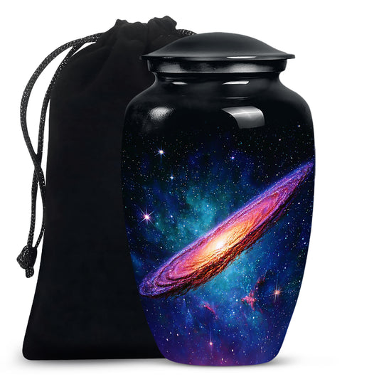 Rich Black Galaxy Cremation Urn angled view of lid and engraved motif - classic sculpted galaxy pattern on smooth aluminum - full-size 10 inch 200 cubic inch adult cremation urn
