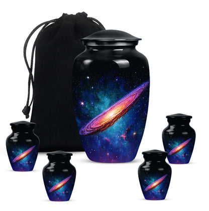 Midnight Black Galaxy Cremation Urn top-down view of secure threaded lid - elegant classic galaxy relief with fine detailing - memorial set with one large and four small urns