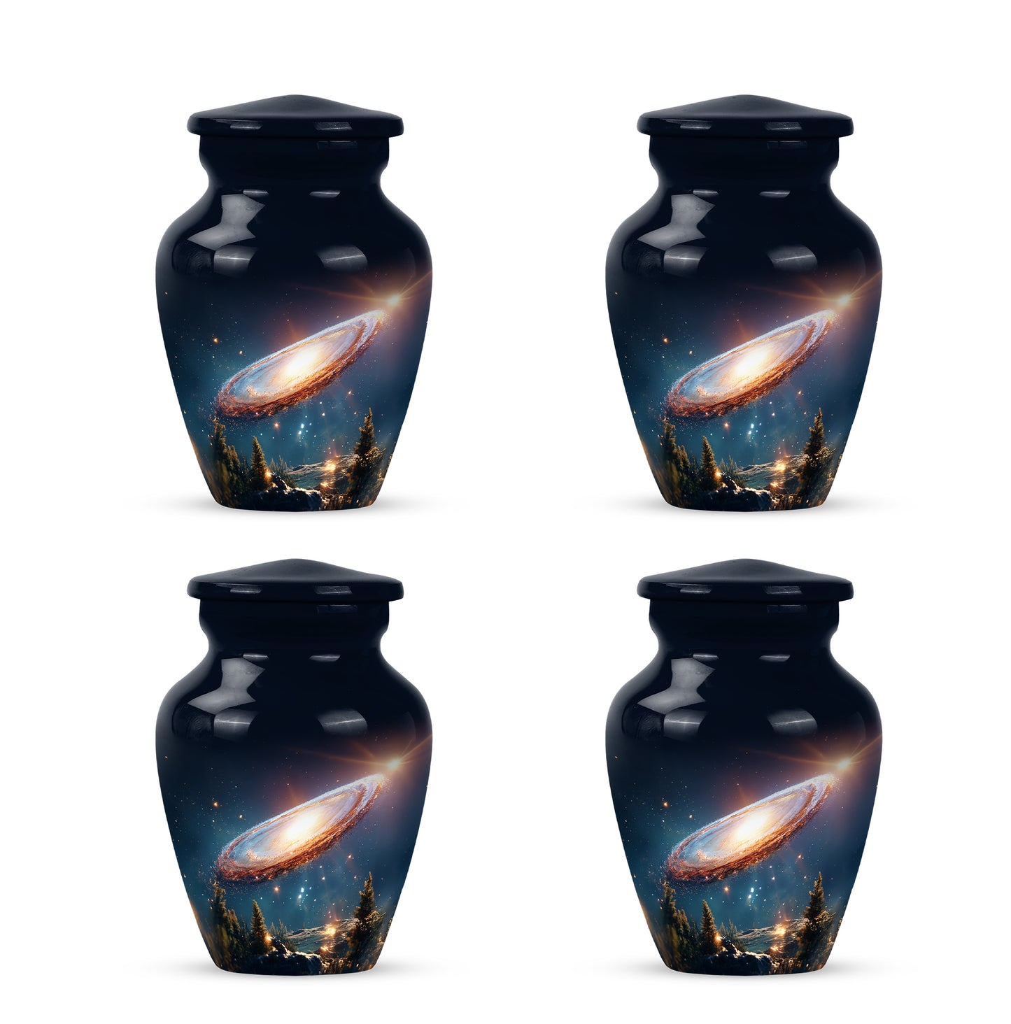 Cornflower Blue Galaxy Cremation Urn side profile showing urn shape - elegant classic galaxy relief with fine detailing - 10 inch aluminum urn for cremated remains