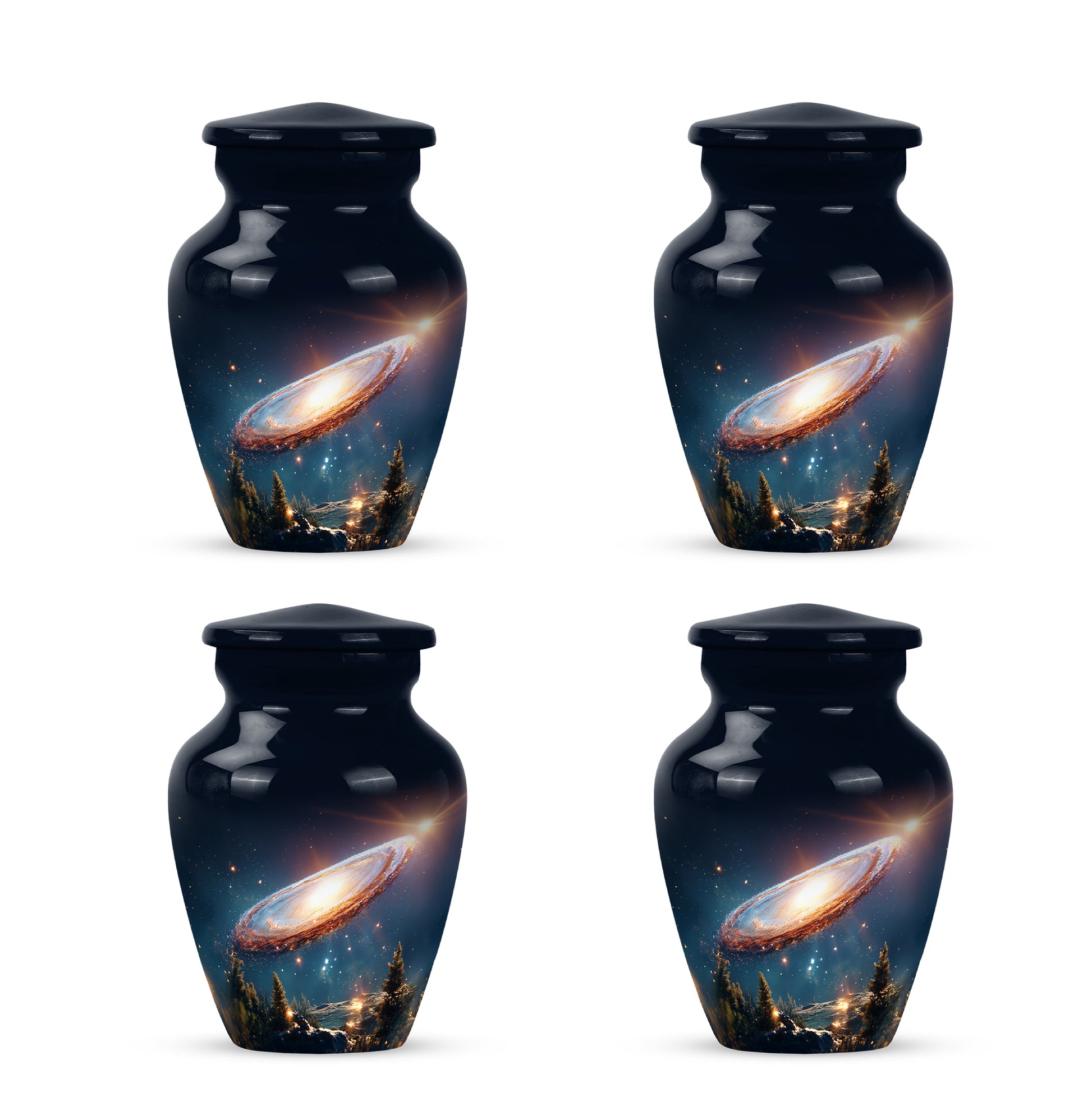Cornflower Blue Galaxy Cremation Urn side profile showing urn shape - elegant classic galaxy relief with fine detailing - 10 inch aluminum urn for cremated remains