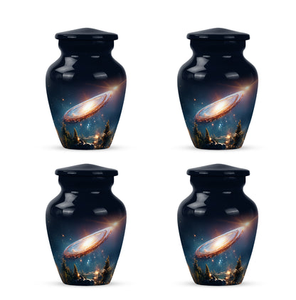 Cornflower Blue Galaxy Cremation Urn side profile showing urn shape - elegant classic galaxy relief with fine detailing - 10 inch aluminum urn for cremated remains