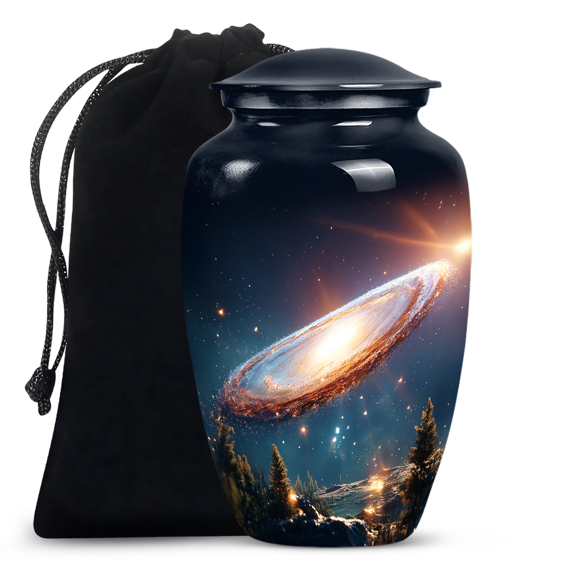 Twilight Blue Galaxy Cremation Urn angled view of lid and engraved motif - traditional galaxy engraving with hand-polished finish - full-size 10 inch 200 cubic inch adult cremation urn