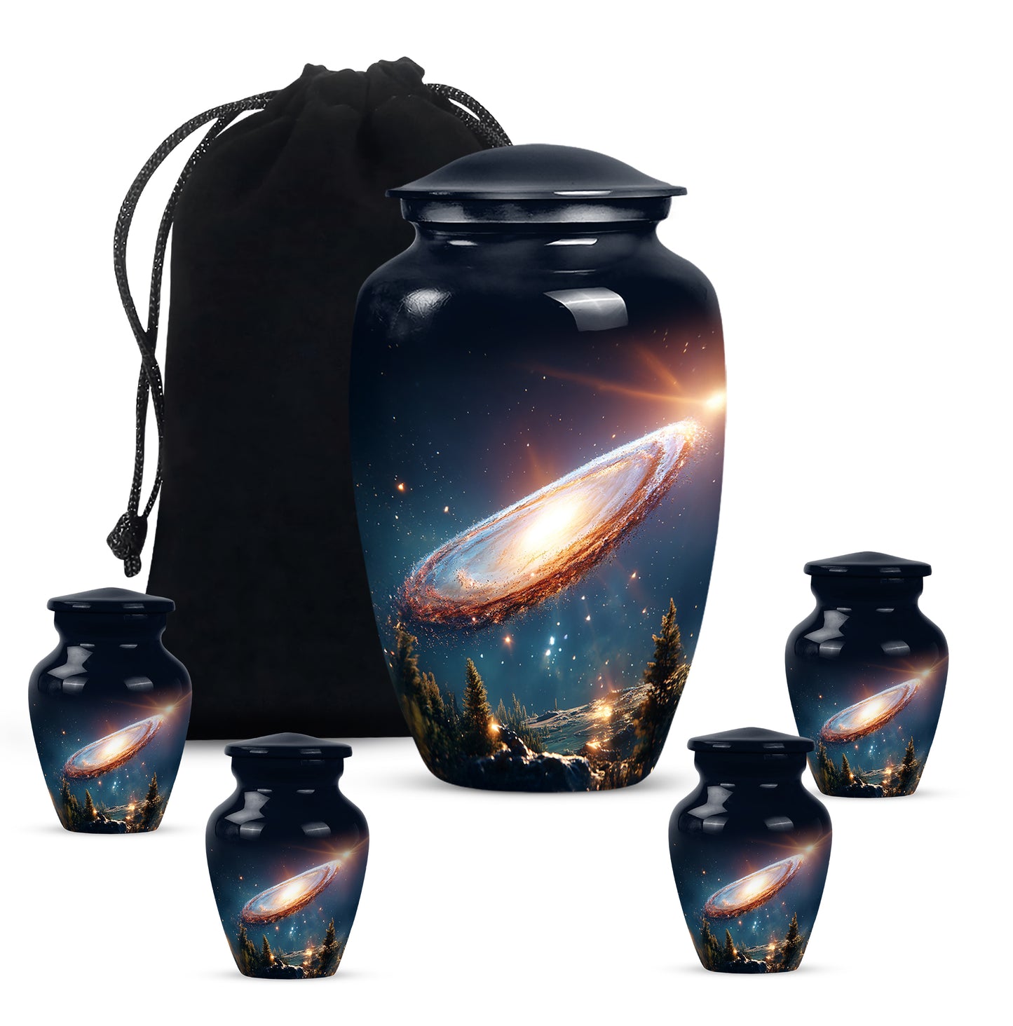Serene Blue Galaxy Cremation Urn top-down view of secure threaded lid - elegant classic galaxy relief with fine detailing - memorial set with one large and four small urns