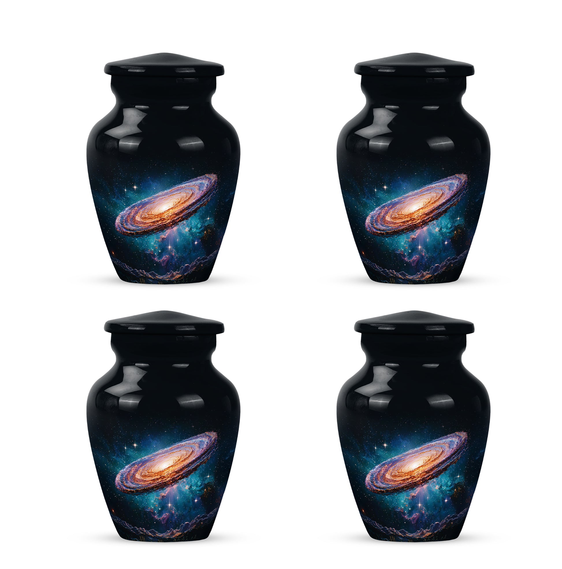 Onyx Black Galaxy Cremation Urn side profile showing urn shape - traditional galaxy engraving with hand-polished finish - 10 inch aluminum urn for cremated remains
