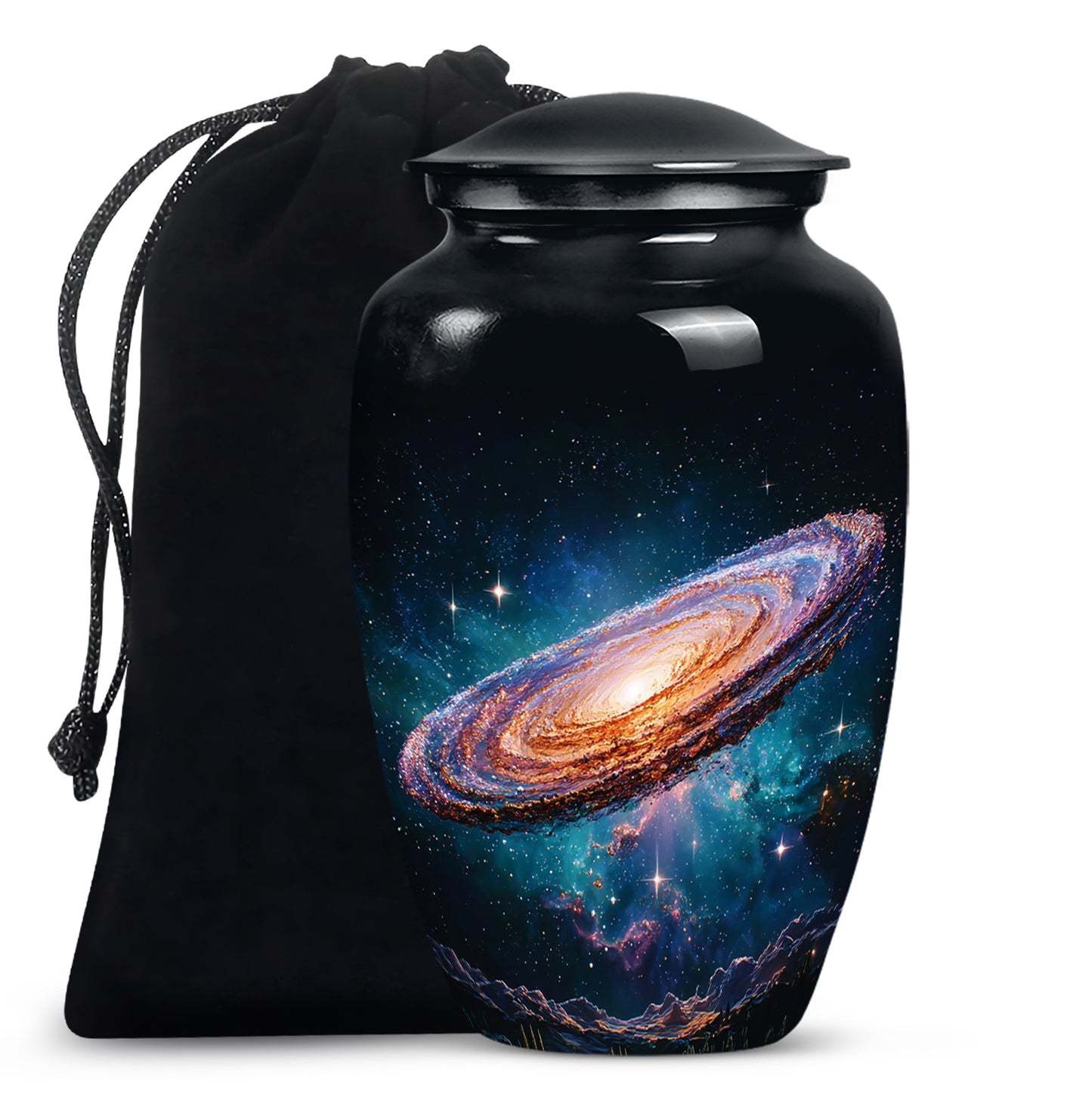 Ebony Galaxy Cremation Urn angled view of lid and engraved motif - classic sculpted galaxy pattern on smooth aluminum - full-size 10 inch 200 cubic inch adult cremation urn