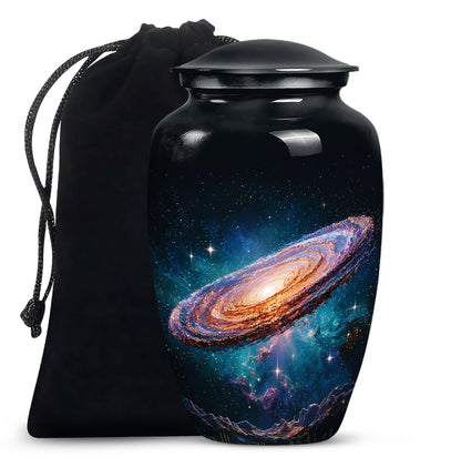 Ebony Galaxy Cremation Urn angled view of lid and engraved motif - classic sculpted galaxy pattern on smooth aluminum - full-size 10 inch 200 cubic inch adult cremation urn