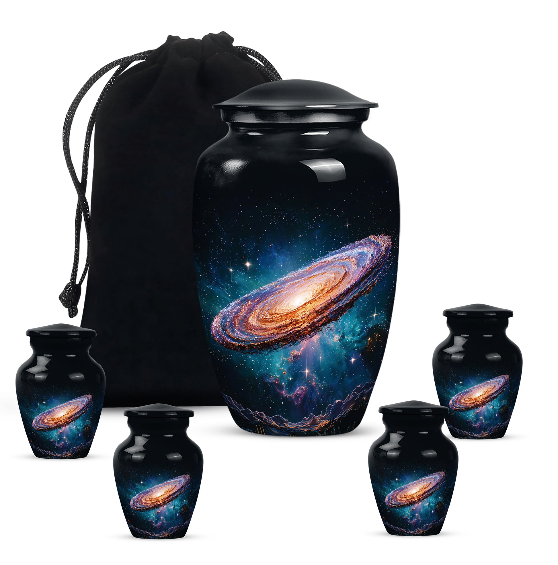 Charcoal Black Galaxy Cremation Urn top-down view of secure threaded lid - traditional galaxy engraving with hand-polished finish - memorial set with one large and four small urns
