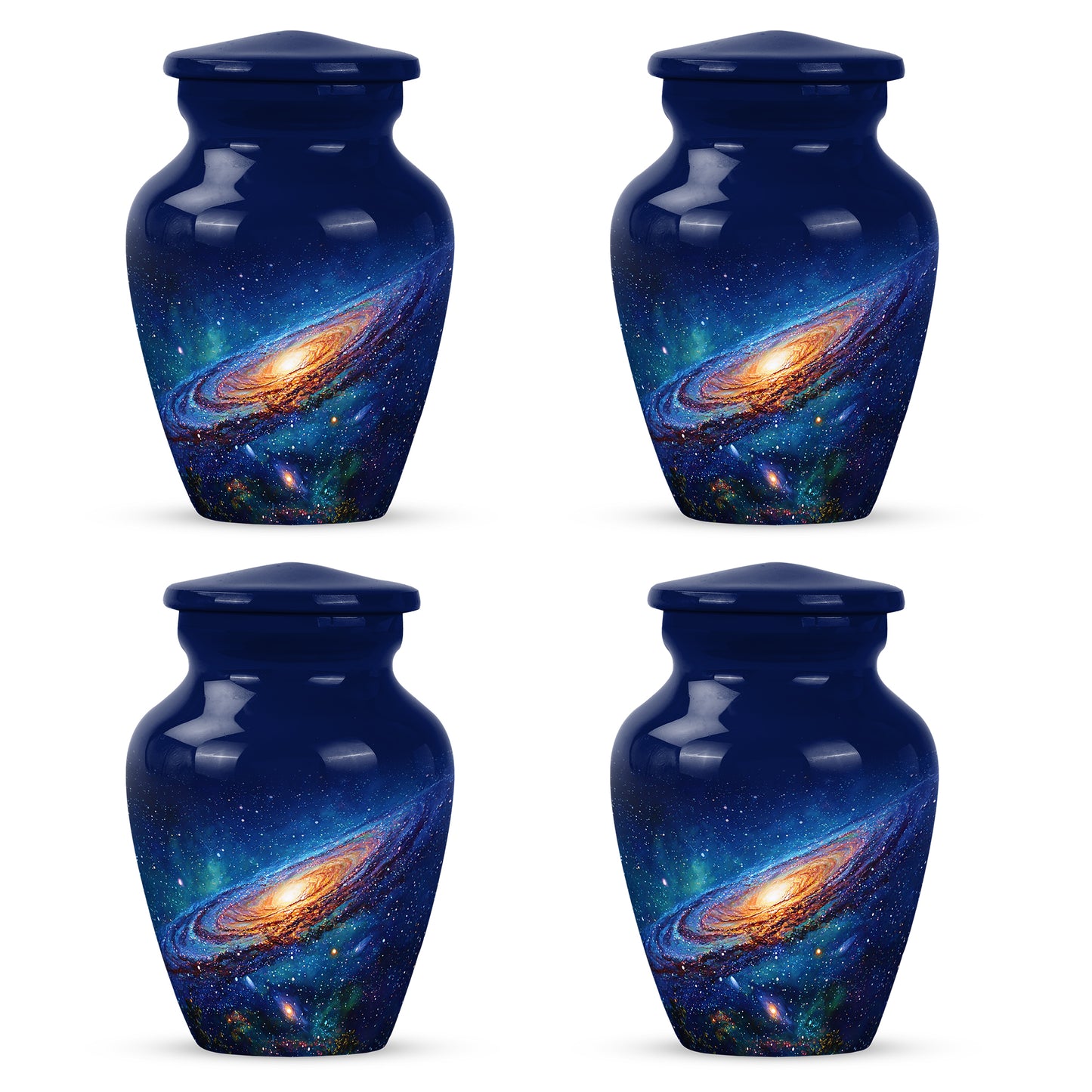 Slate Blue Galaxy Cremation Urn side profile showing urn shape - timeless galaxy motif etched into premium metal - 10 inch aluminum urn for cremated remains