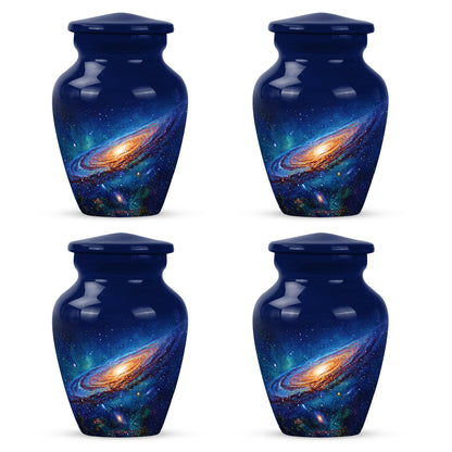 Slate Blue Galaxy Cremation Urn side profile showing urn shape - timeless galaxy motif etched into premium metal - 10 inch aluminum urn for cremated remains