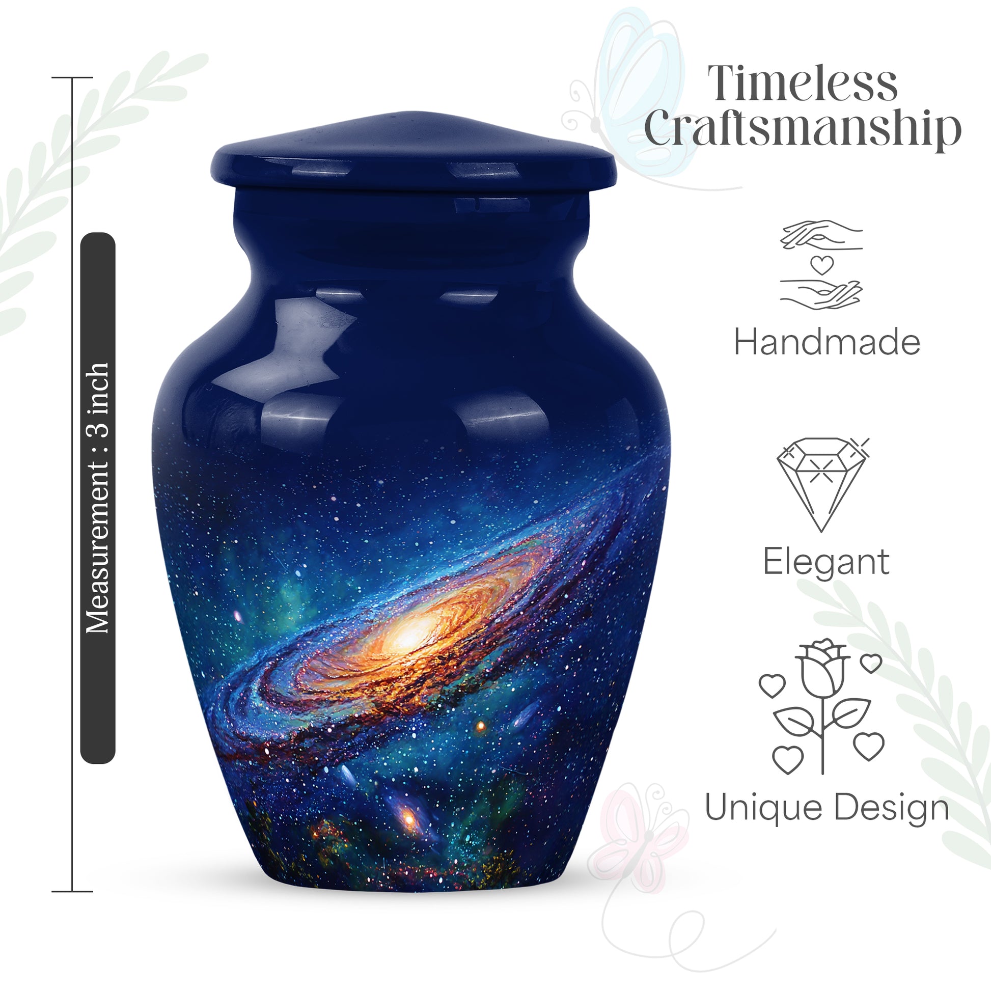Cornflower Blue Galaxy Cremation Urn close-up of engraving and surface detail - traditional galaxy engraving with hand-polished finish - mini keepsake memorial for portion of cremation ashes