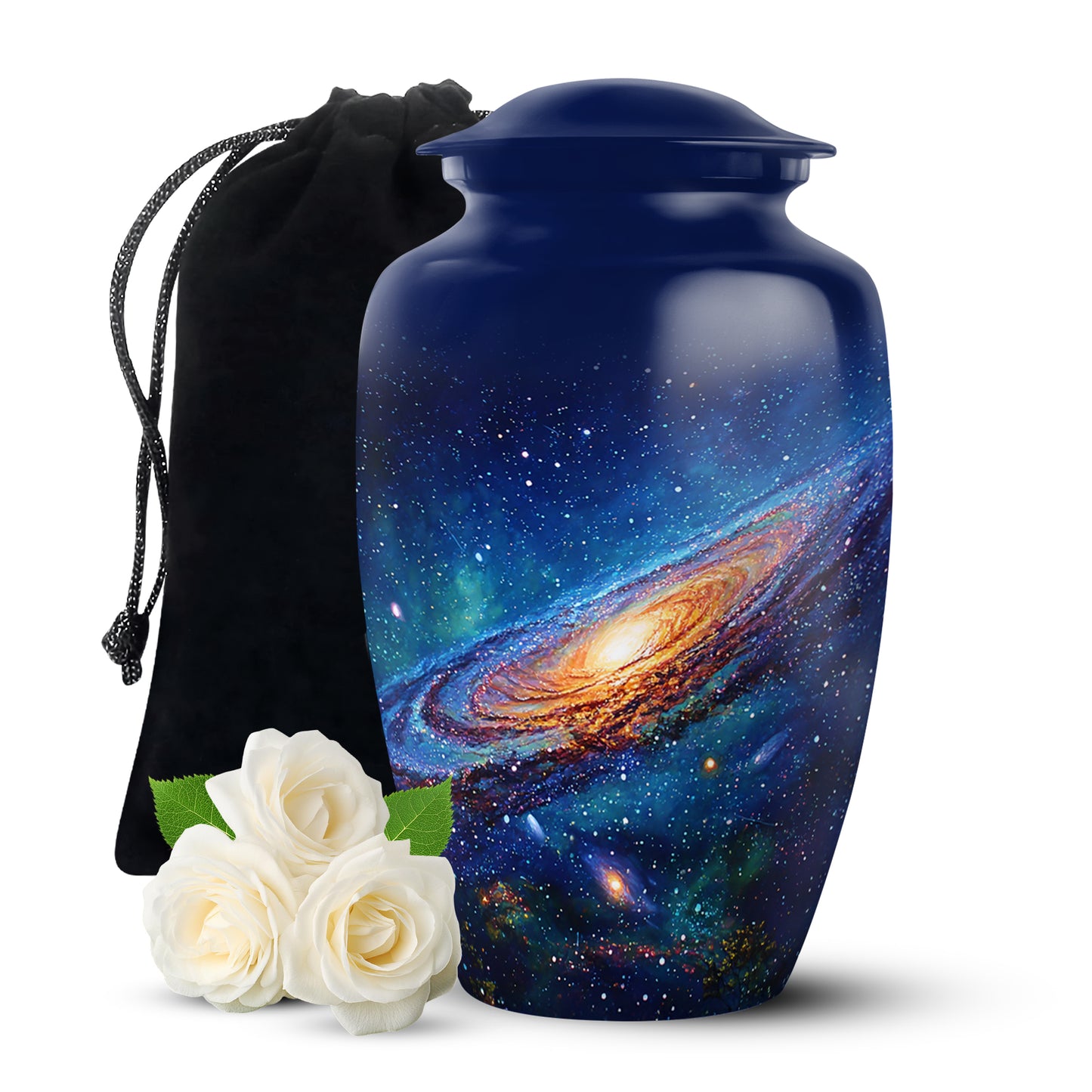 Cornflower Blue Galaxy Cremation Urn angled view of lid and engraved motif - traditional galaxy engraving with hand-polished finish - full-size 10 inch 200 cubic inch adult cremation urn