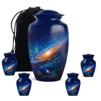 Cobalt Blue Galaxy Cremation Urn top-down view of secure threaded lid - traditional galaxy engraving with hand-polished finish - memorial set with one large and four small urns