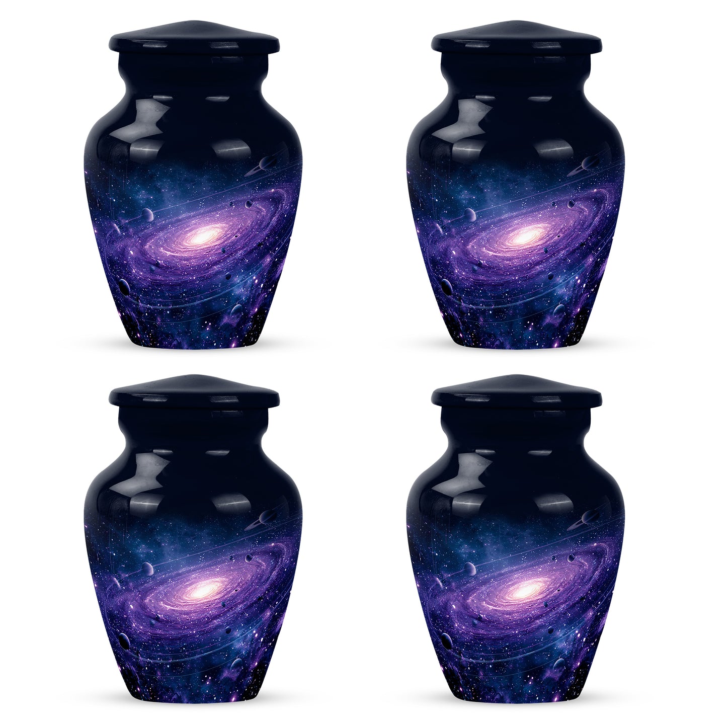 Celestial Blue Galaxy Cremation Urn side profile showing urn shape - timeless galaxy motif etched into premium metal - 10 inch aluminum urn for cremated remains