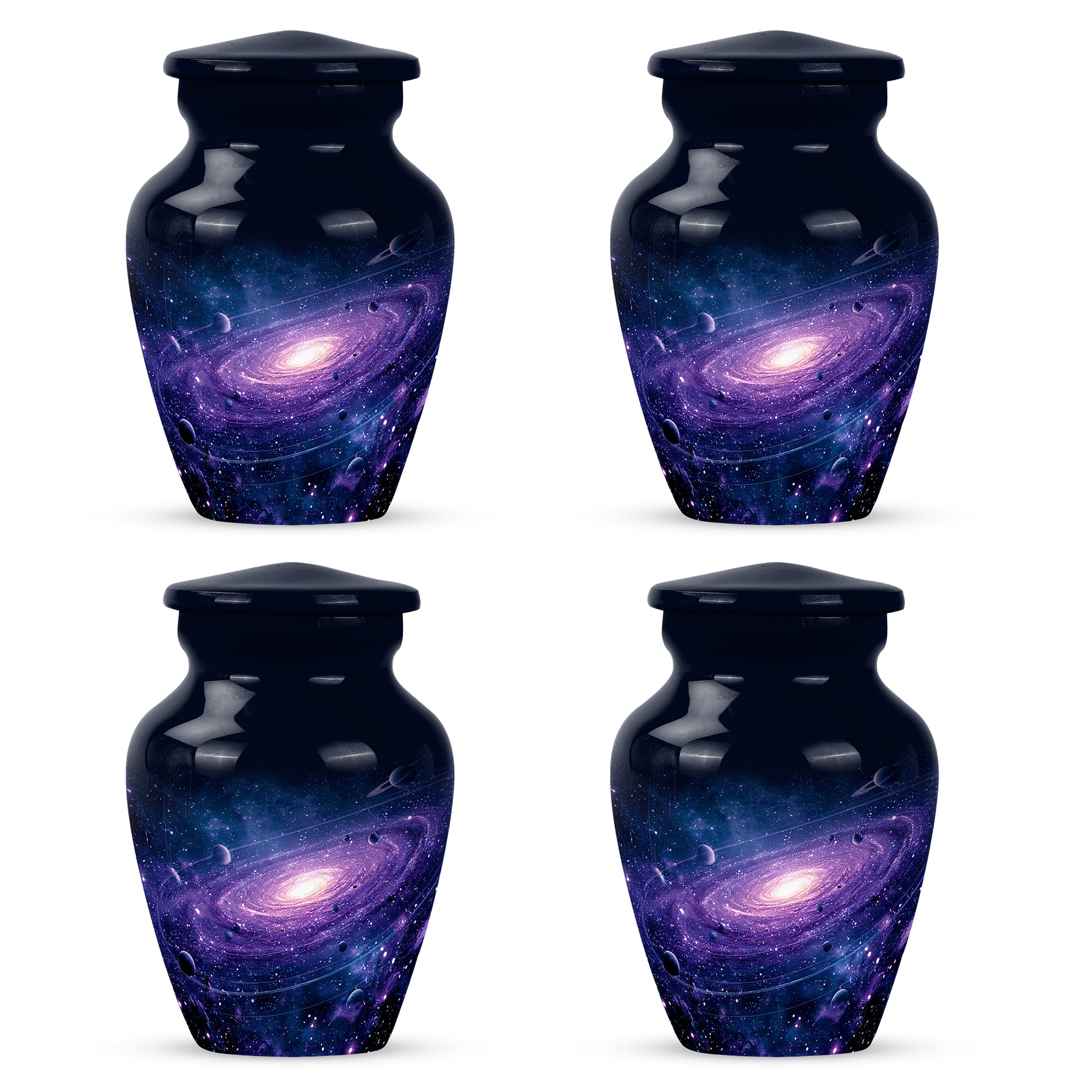 Celestial Blue Galaxy Cremation Urn side profile showing urn shape - timeless galaxy motif etched into premium metal - 10 inch aluminum urn for cremated remains