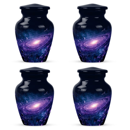 Celestial Blue Galaxy Cremation Urn side profile showing urn shape - timeless galaxy motif etched into premium metal - 10 inch aluminum urn for cremated remains