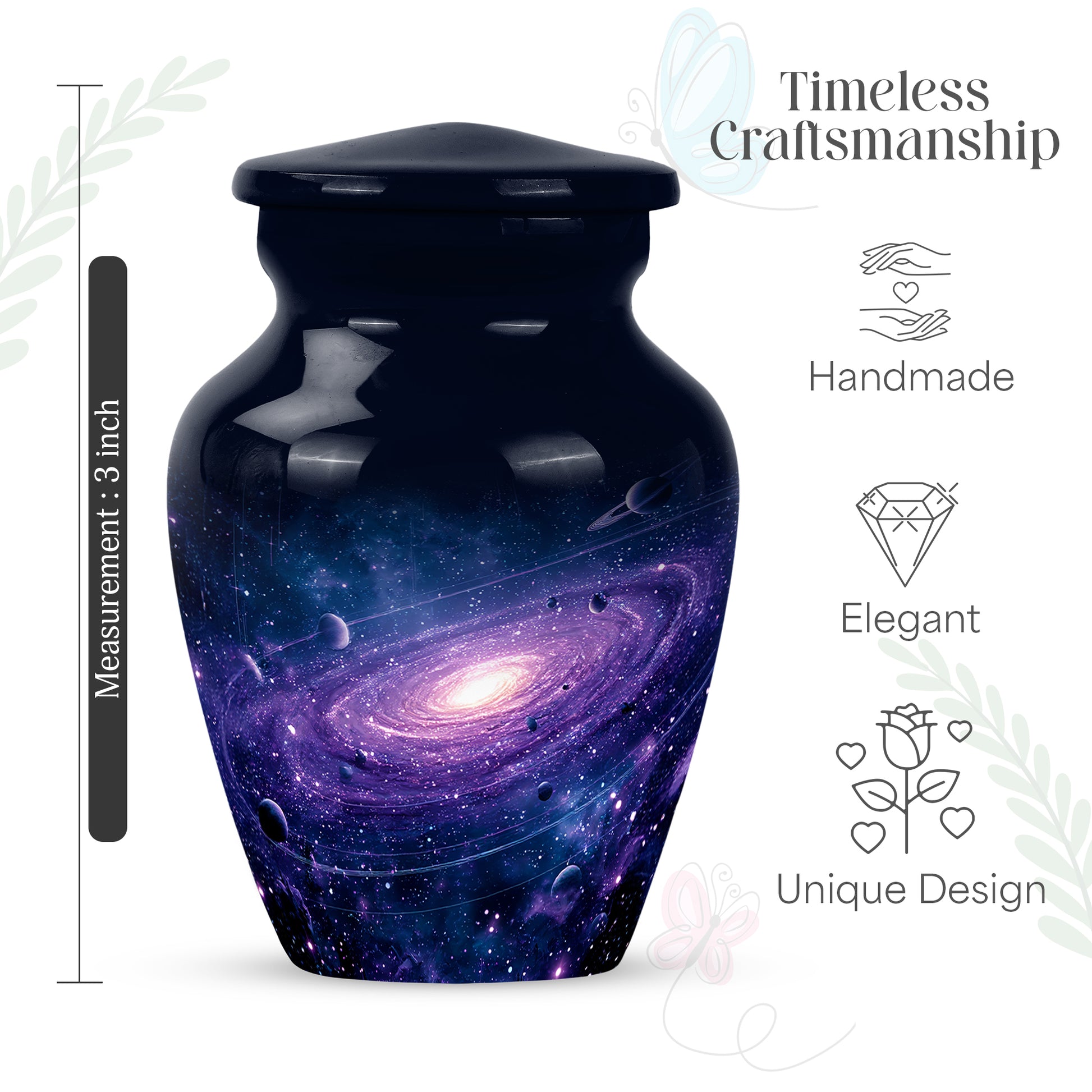 Vivid Blue Galaxy Cremation Urn close-up of engraving and surface detail - elegant classic galaxy relief with fine detailing - mini keepsake memorial for portion of cremation ashes