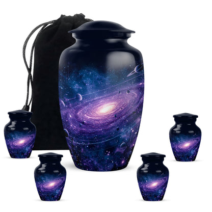 Pastel Blue Galaxy Cremation Urn top-down view of secure threaded lid - classic sculpted galaxy pattern on smooth aluminum - memorial set with one large and four small urns