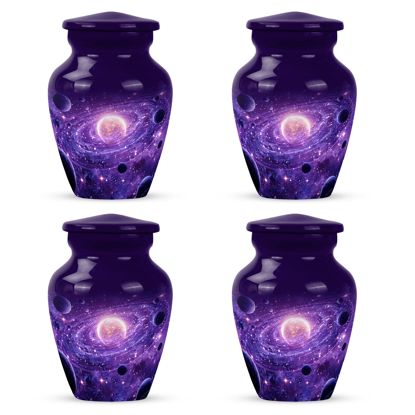 Royal Purple Galaxy Cremation Urn side profile showing urn shape - elegant classic galaxy relief with fine detailing - 10 inch aluminum urn for cremated remains