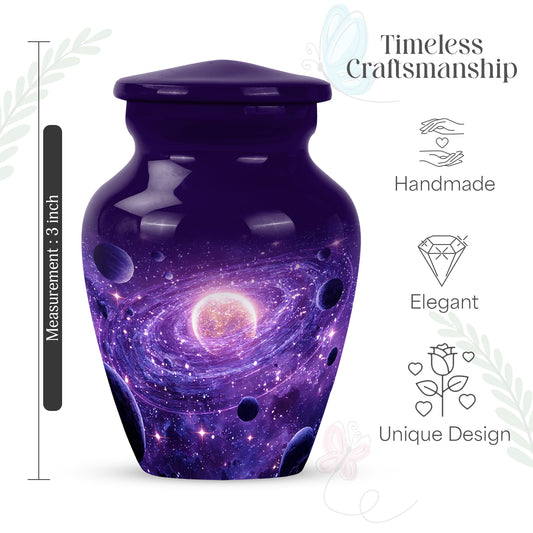 Orchid Purple Galaxy Cremation Urn close-up of engraving and surface detail - classic sculpted galaxy pattern on smooth aluminum - mini keepsake memorial for portion of cremation ashes