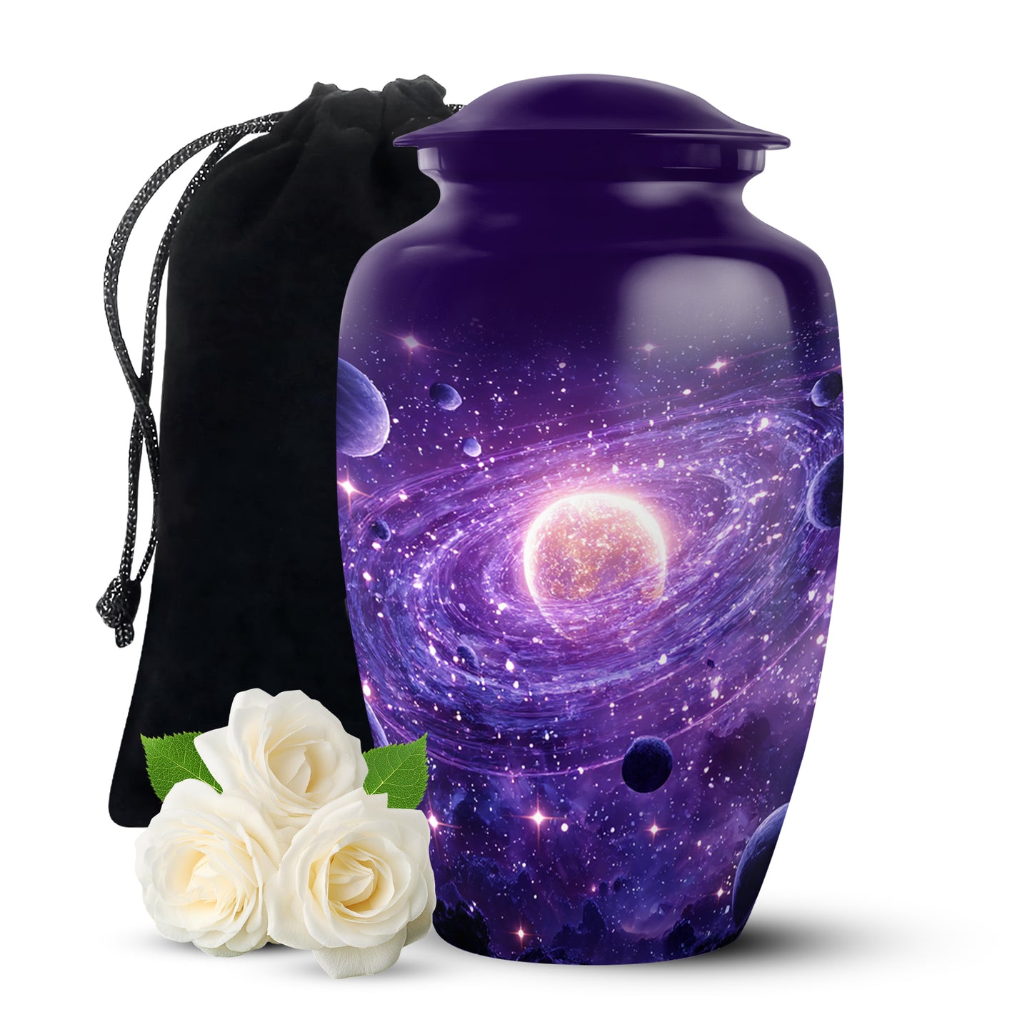Plum Purple Galaxy Cremation Urn angled view of lid and engraved motif - timeless galaxy motif etched into premium metal - full-size 10 inch 200 cubic inch adult cremation urn