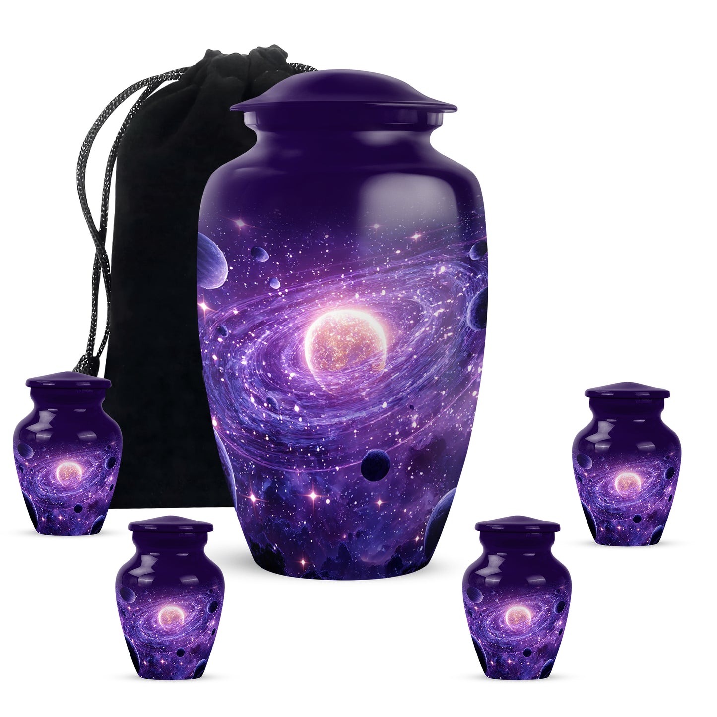 Violet Purple Galaxy Cremation Urn top-down view of secure threaded lid - traditional galaxy engraving with hand-polished finish - memorial set with one large and four small urns