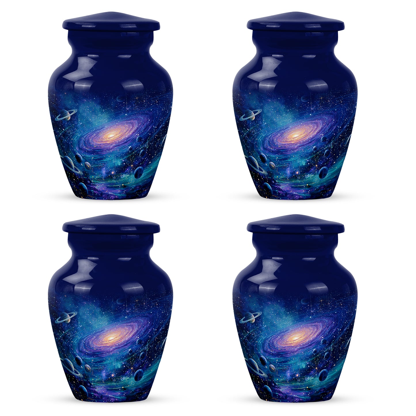 Serene Blue Galaxy Cremation Urn side profile showing urn shape - elegant classic galaxy relief with fine detailing - 10 inch aluminum urn for cremated remains