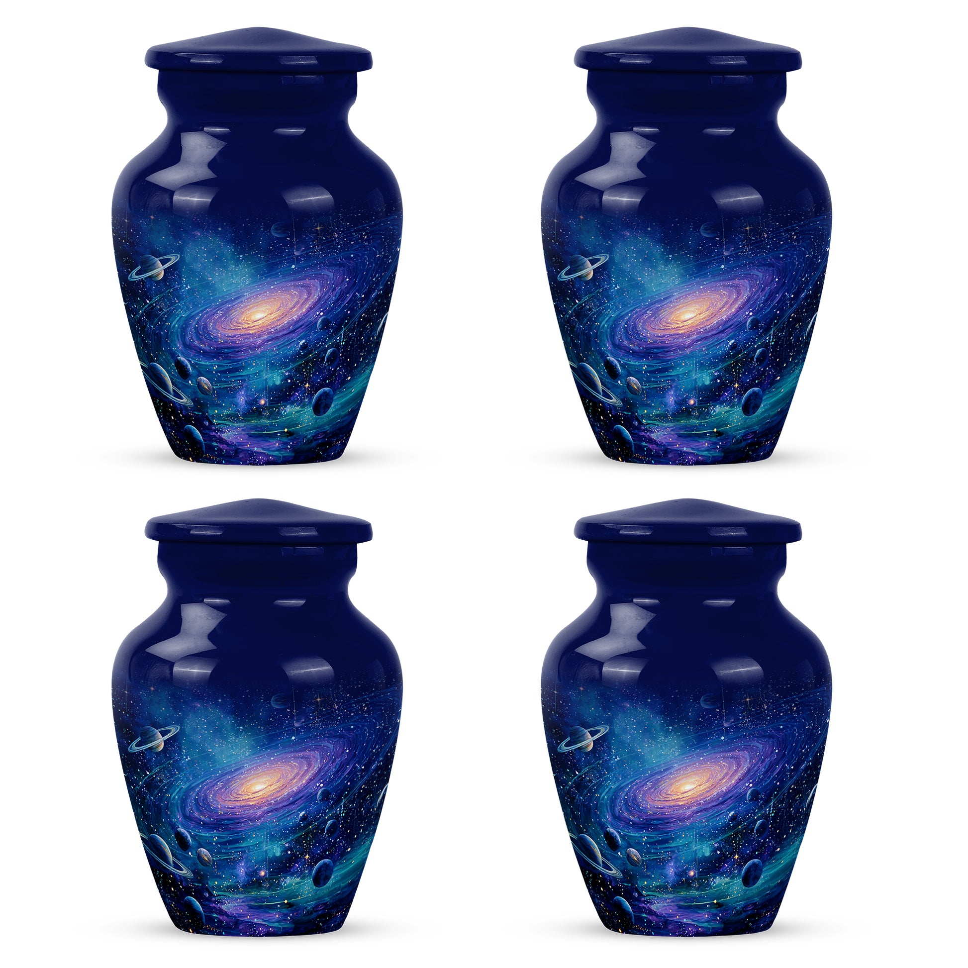 Serene Blue Galaxy Cremation Urn side profile showing urn shape - elegant classic galaxy relief with fine detailing - 10 inch aluminum urn for cremated remains