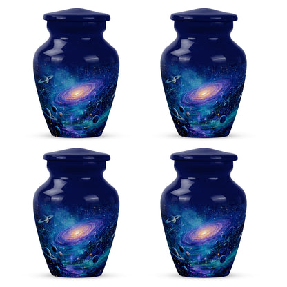 Serene Blue Galaxy Cremation Urn side profile showing urn shape - elegant classic galaxy relief with fine detailing - 10 inch aluminum urn for cremated remains