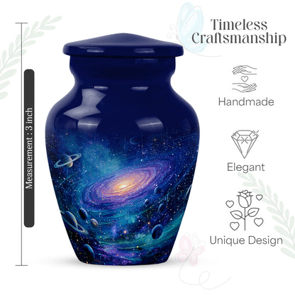 Cornflower Blue Galaxy Cremation Urn close-up of engraving and surface detail - traditional galaxy engraving with hand-polished finish - mini keepsake memorial for portion of cremation ashes