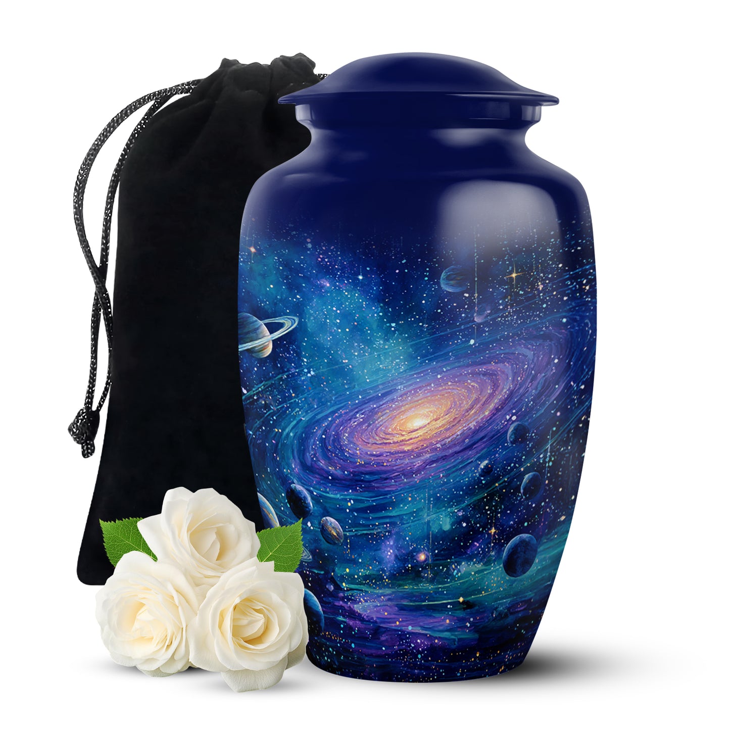 Slate Blue Galaxy Cremation Urn angled view of lid and engraved motif - classic sculpted galaxy pattern on smooth aluminum - full-size 10 inch 200 cubic inch adult cremation urn