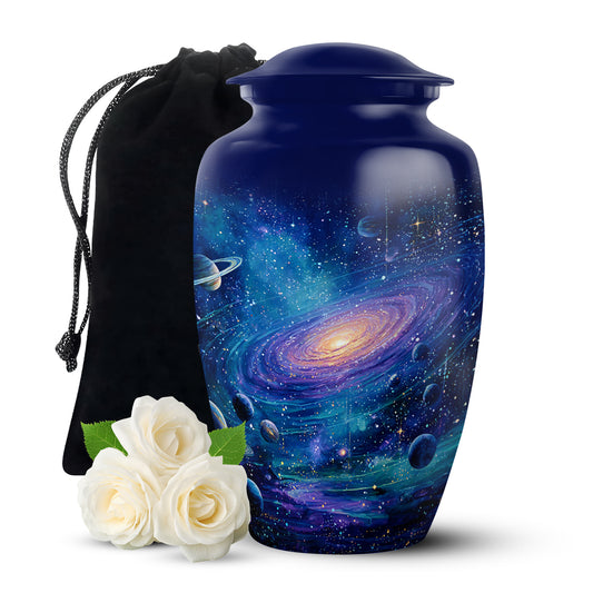 Slate Blue Galaxy Cremation Urn angled view of lid and engraved motif - classic sculpted galaxy pattern on smooth aluminum - full-size 10 inch 200 cubic inch adult cremation urn
