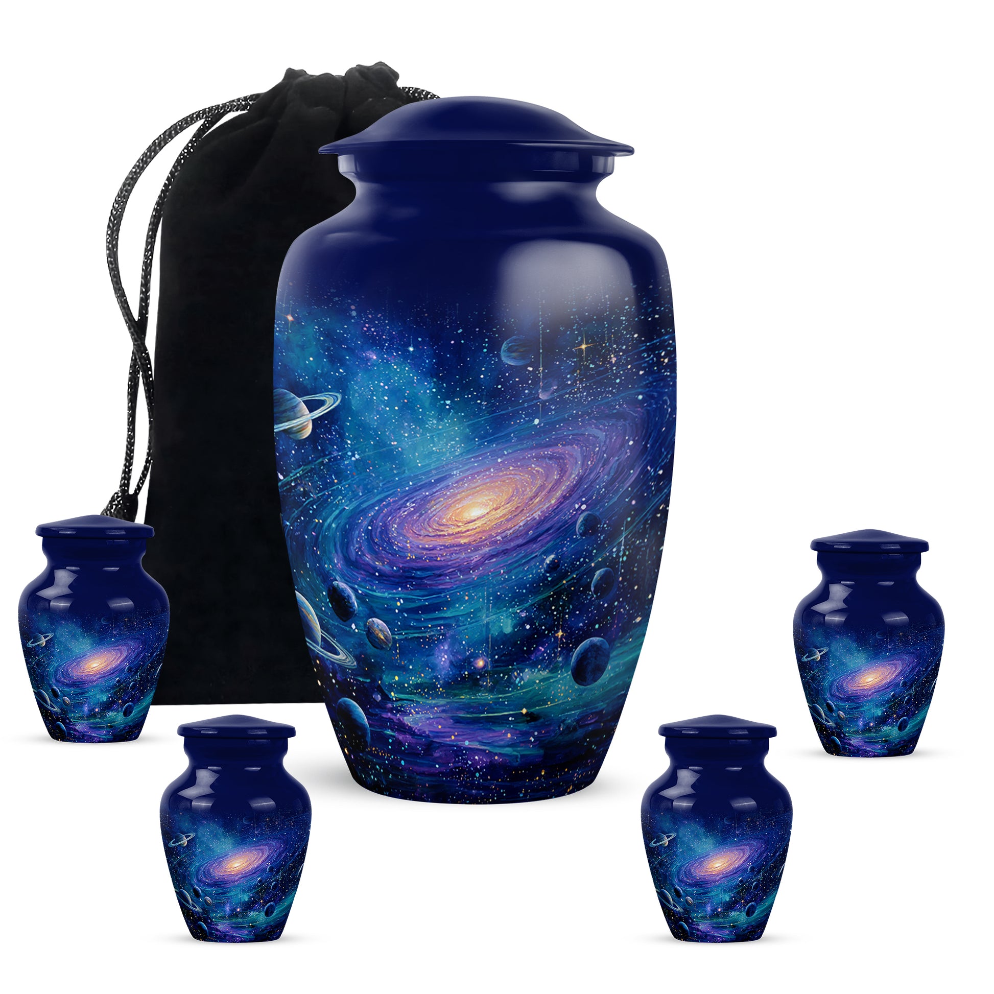 Azure Galaxy Cremation Urn top-down view of secure threaded lid - timeless galaxy motif etched into premium metal - memorial set with one large and four small urns